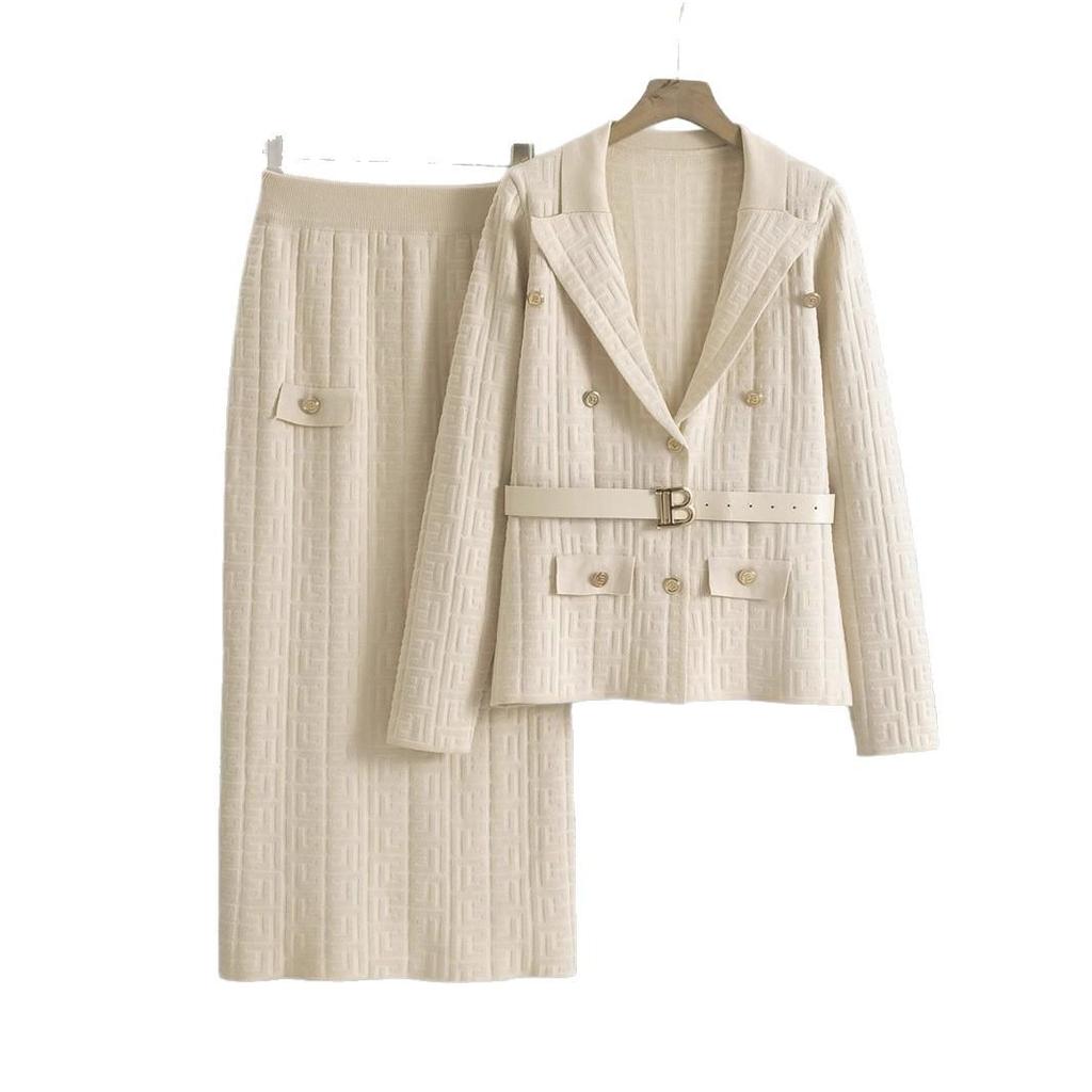 Women's Spring & Autumn High-End Knit Suit Set with Slimming Collar Coat & Hip Wrap Skirt