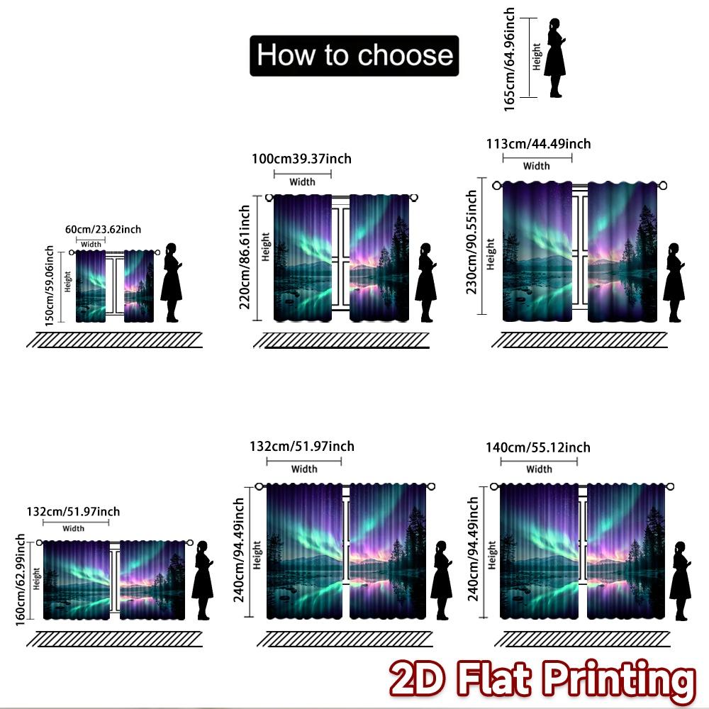 2D Flat Printing 2pcs Window Treatment Curtains Aurora Night Lake Trees Digital Printed Polyester Drapes Birthday Party Use for