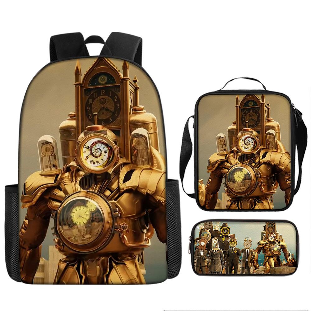 

Toilet man backpack trendy backpack European and American retro schoolbag cartoon backpack three-piece set pencil case