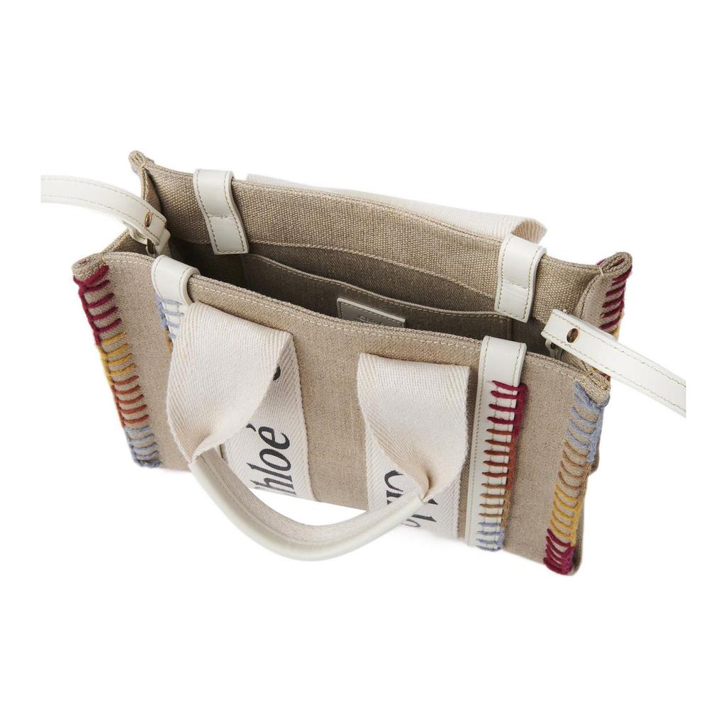 Borsa a Tote Chloe Woody con Stampa Logo Signature, Nastro di Raso, Tela di Lino e Pelle di Vitello, Borse Tote da Donna, Bianco CHC22-AS397H74-101