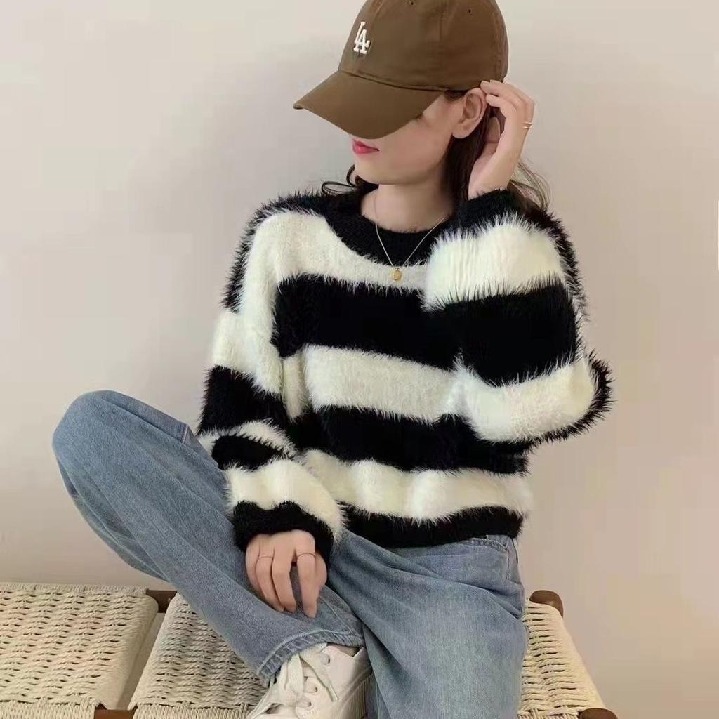 Autumn and Winter Look Thin and Wear Foreign Style Lazy Style Imitation Mink Pullover Long-sleeved Top Fashionable Retro Striped Sweater