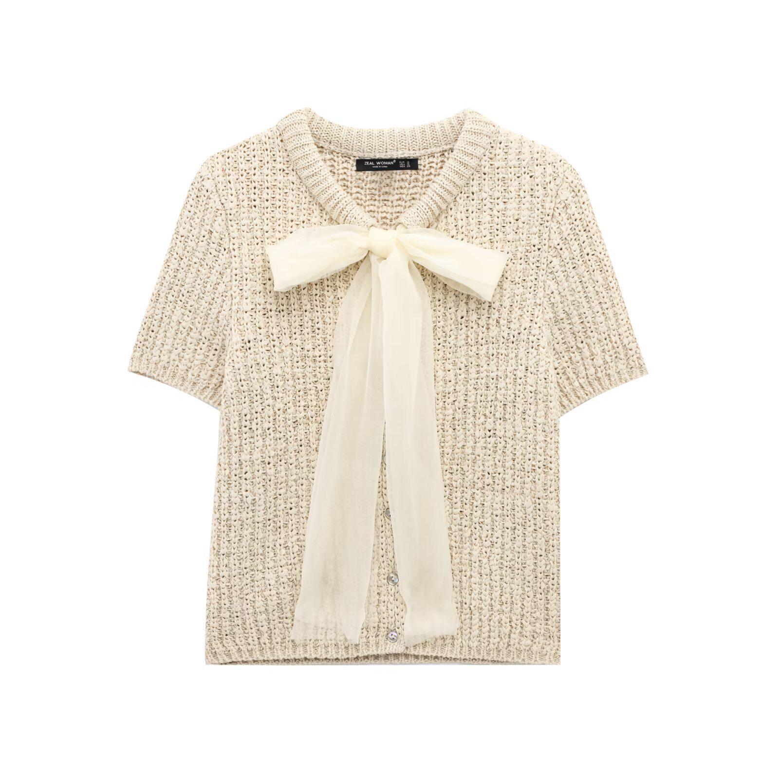 

Женская мода весна 2025: Европейско-американский стиль прозрачная пряжа бант брошь кардиган Large абрикосовый