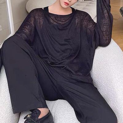 Men's Korean Style Clothes Round Neck Sheer Long Sleeve Man Breathable Thin Style Loose Casual Fashion T-shirt