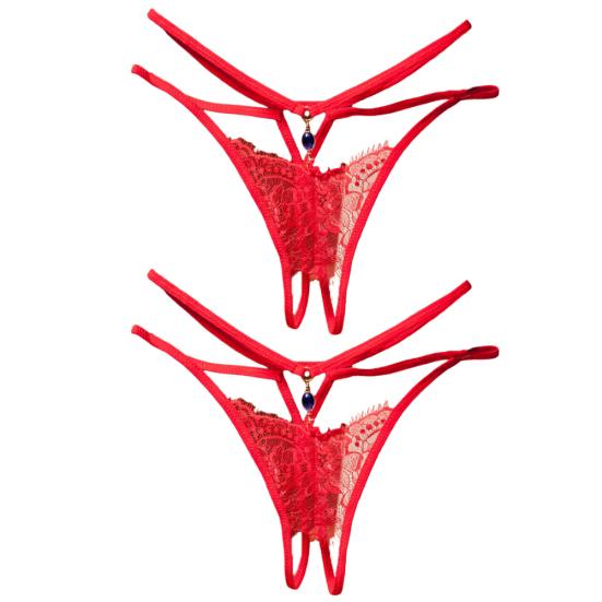 2Pcs Erotic Women Lace See Through Hollow Out Open Crotch G-String Underwear