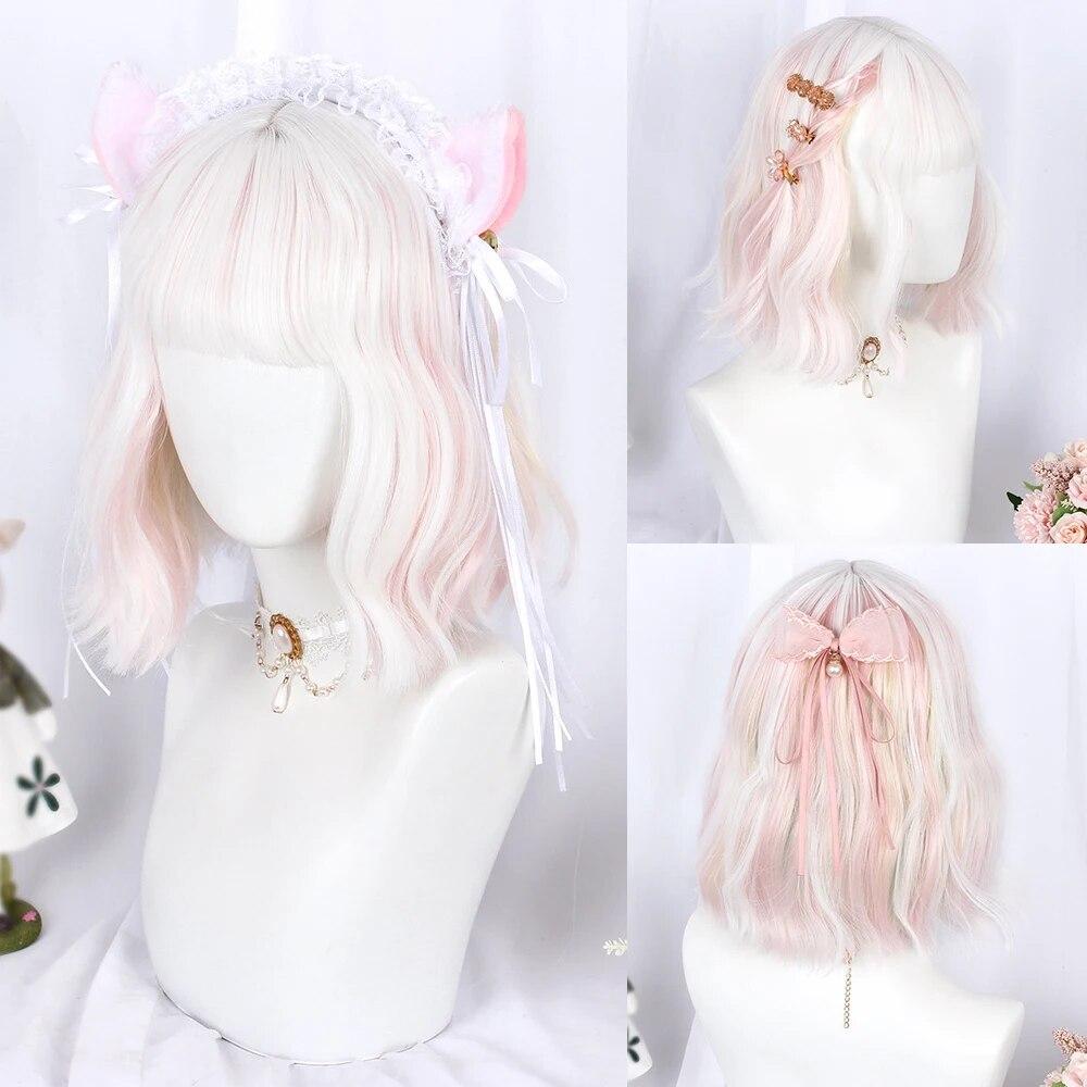 

Волнистый вьющийся короткий парик Синтетический Лолита Белый Розовый Смешанный натуральный женский парик из волос для косплея на повседневную вечеринку