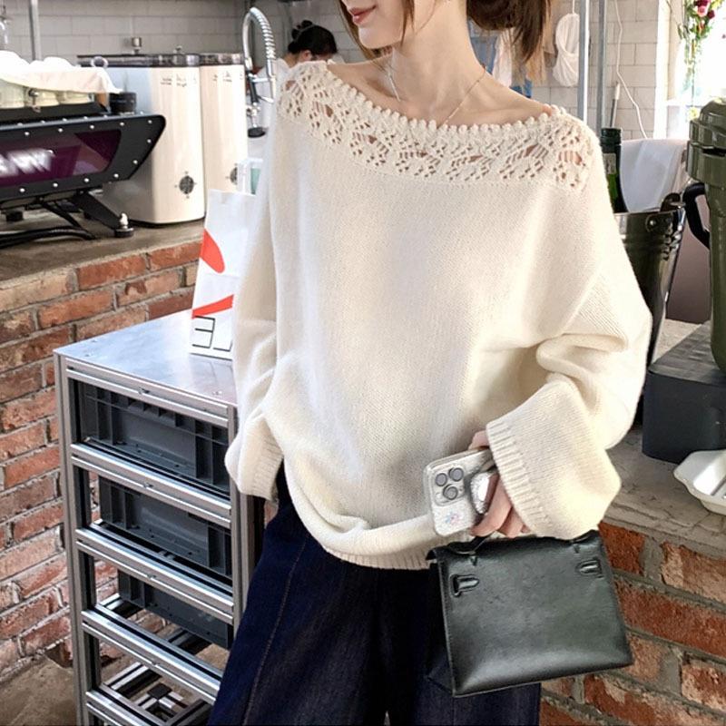 

Кружевная отделка во французском стиле, вязаный свитер с открытыми плечами, женский осенний топ с длинным рукавом, свободный, в стиле кэжуал One Size белый