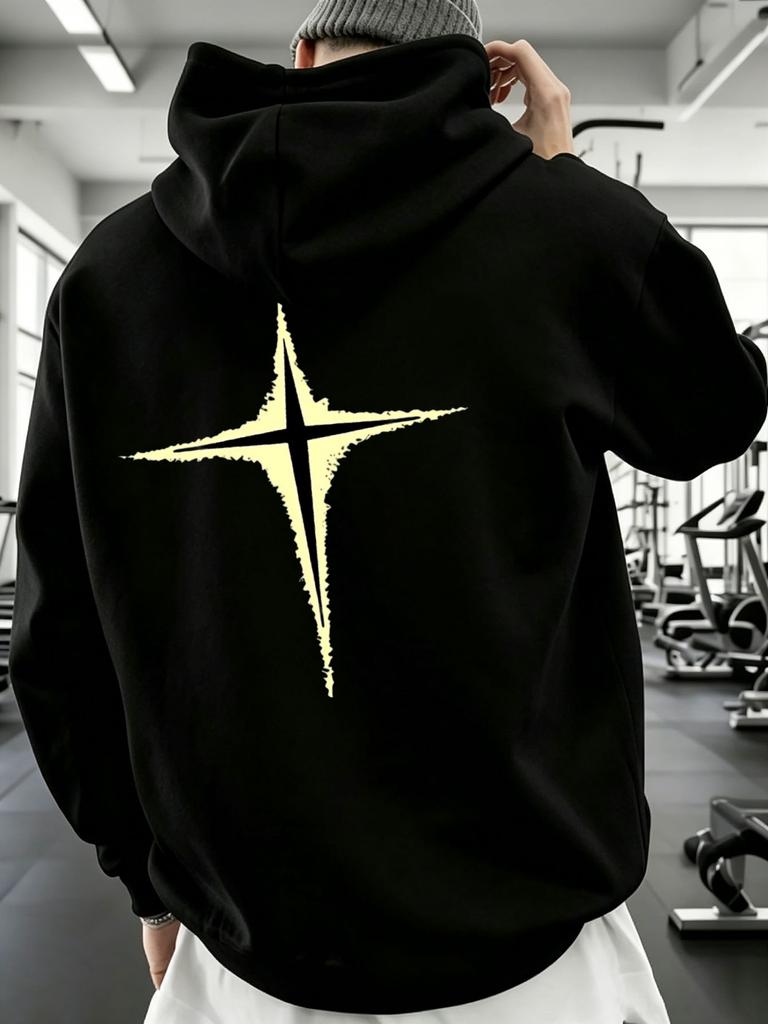 Streetwear Style Hoodie, Abstract Star Graphic Print, Gym Winter Wear, Gift for Boyfriend