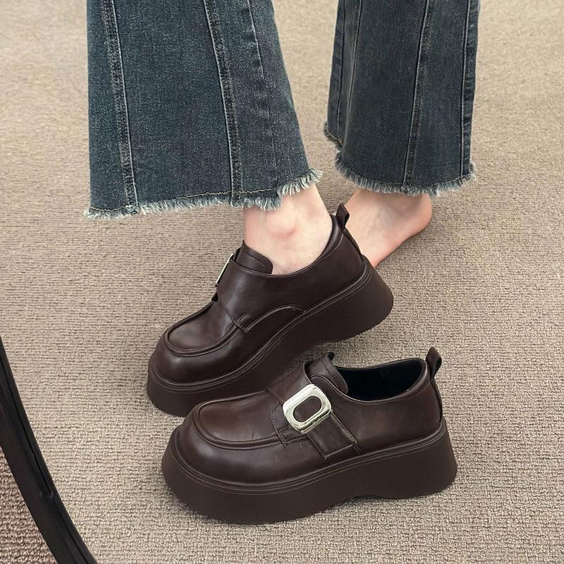 British Versatile Retro Brown Buckle Single Shoes for Women's Spring New Platform Small Leather Shoes for Women