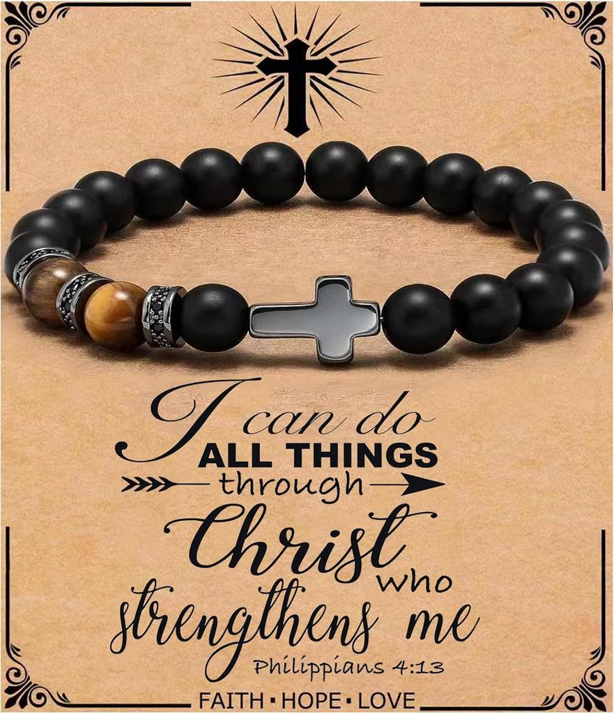 Kreuz Armband für Männer Sohn Bruder Taufe Kommunion Geburtstag Jahrestag Weihnachten Christlich Schwarze Tigerauge Perlen Schmuck
