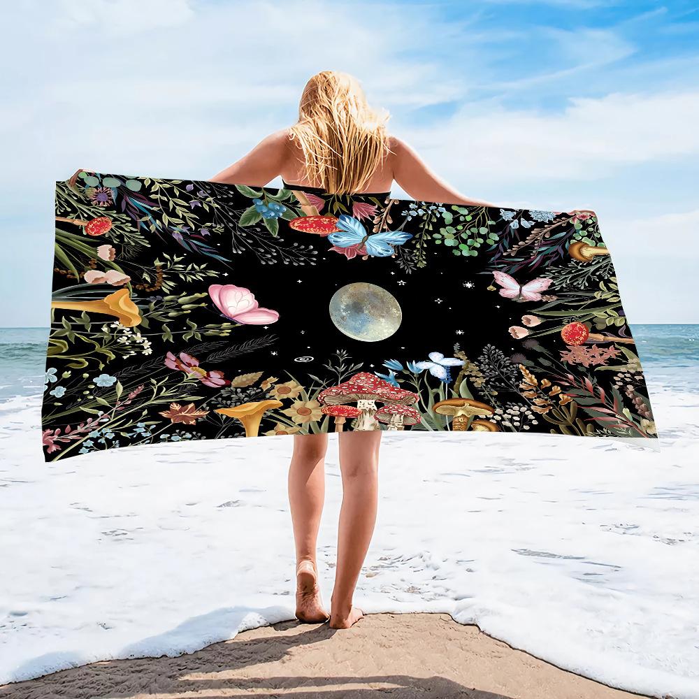 Moonlit Mushroom Floral Beach Towel Witchy Print Quick Dry Absorbent Towel for Women