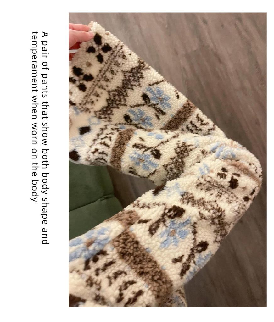 Pantaloni da notte invernali da donna a gamba larga a vita alta in lana d'agnello stile Fair Isle retrò
