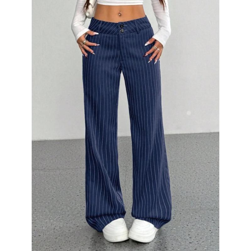 Women's Low Waist Pinstripe Wide Leg Trousers With Button Fly And Pockets