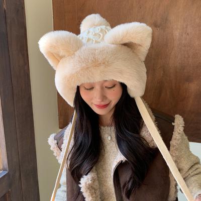 Neuer Herbst- und Winterhut für Damen-Ohrenschutz Lei Feng Hut Niedliche Kätzchenohren Plus Wollmütze Gestrickte Warme Wollmütze