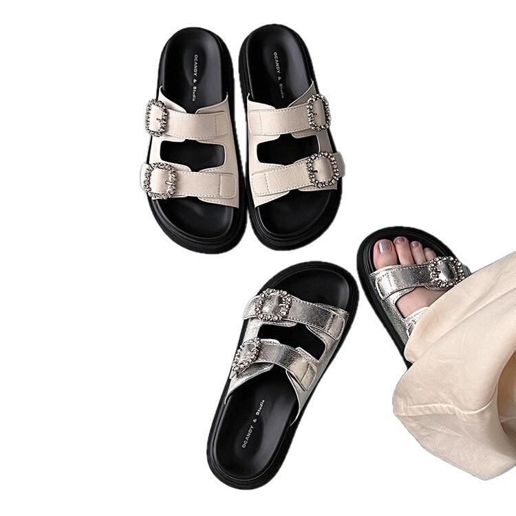 Fashion Square Buckle Rhinestone One-word Casual Thick-soled Slippers Women's Sandals Outside Wear Autumn and Summer New One-pedal Slippers