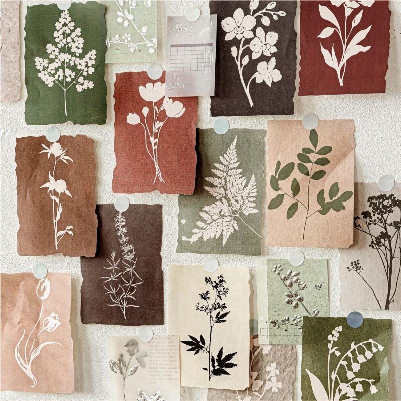 20 Sheets Floral Silhouette Material Paper, Plant Art Style Journal Background Paper, Album Notebook Decor Paper