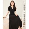 French Style V-Neck Bubble Sleeve Waist-Cinching Long Dress for Women