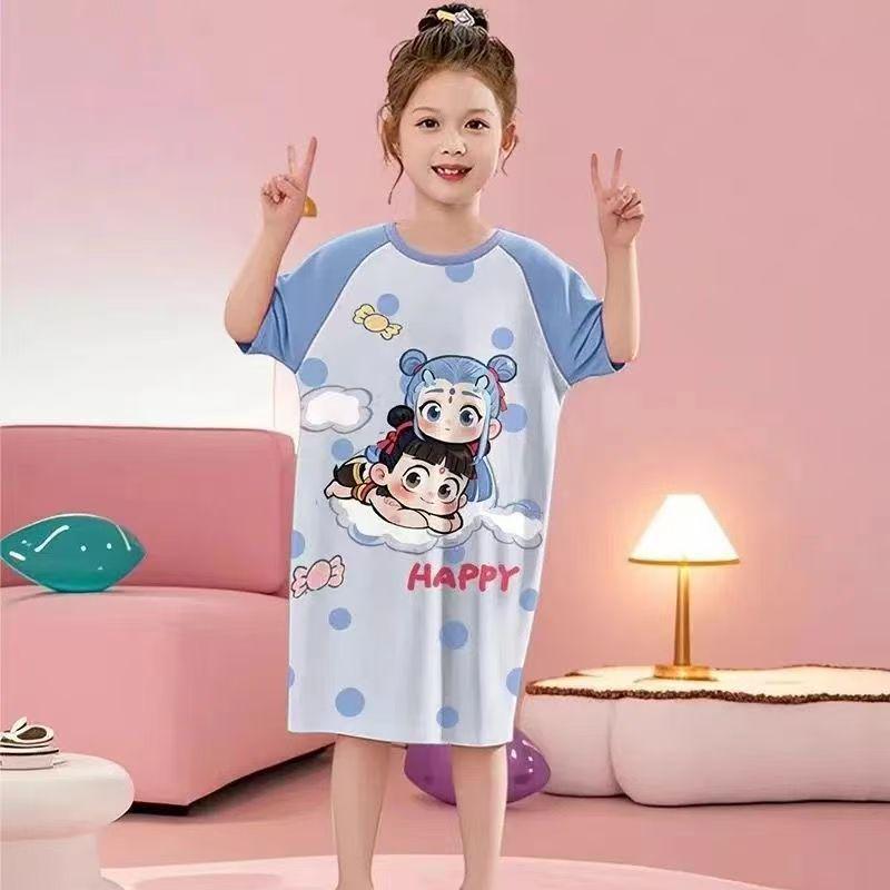 Girls' Summer Princess Pajama Dress - Short Sleeve, Loose Fit, Lightweight Sleepwear for Kids.