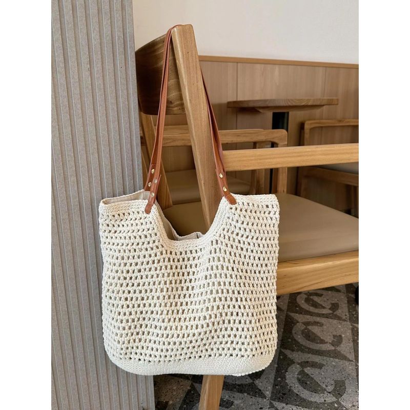 

Женская повседневная пляжная сумка в стиле приморского отдыха 2025 Лето Новое поступление Большая вместимость Плетеная сумка С вырезами На плечо Подмышку Creamy-white small size (zipper)