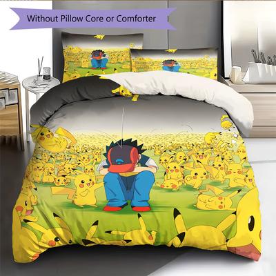 Pikachu Muster Bettwäsche Heimdekoration Geburtstagsgeschenk (1 Bettbezug + 2 Kissenbezüge, ohne Füllung)