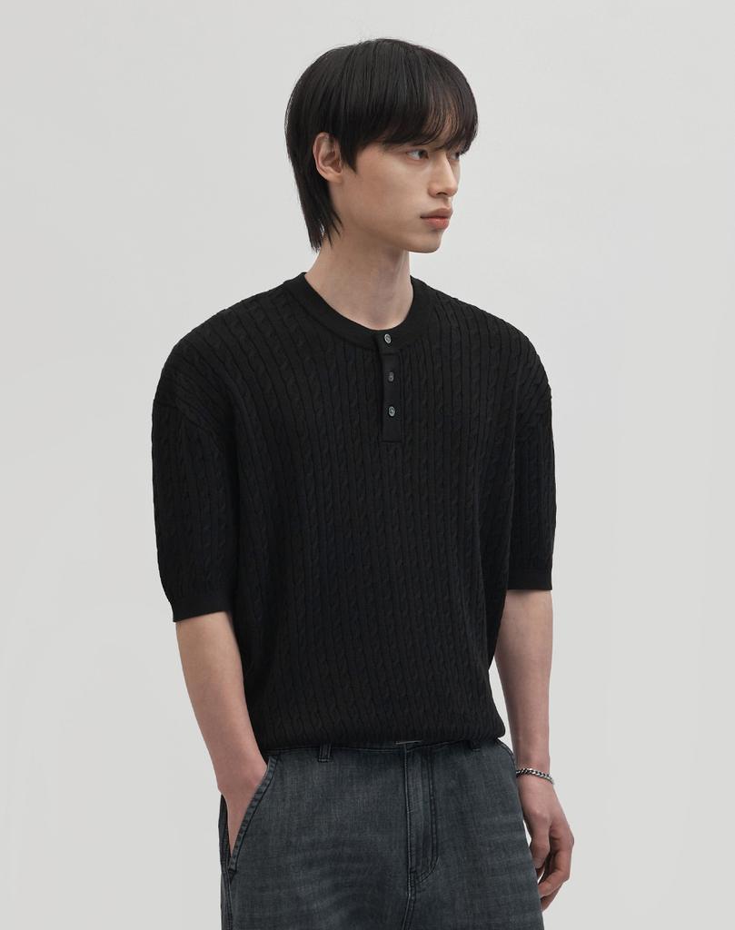 WORK ON BODY OFF Cool Bamboo Semi-Overfit Cable Henley Neck Short Sleeve Knit [Black]