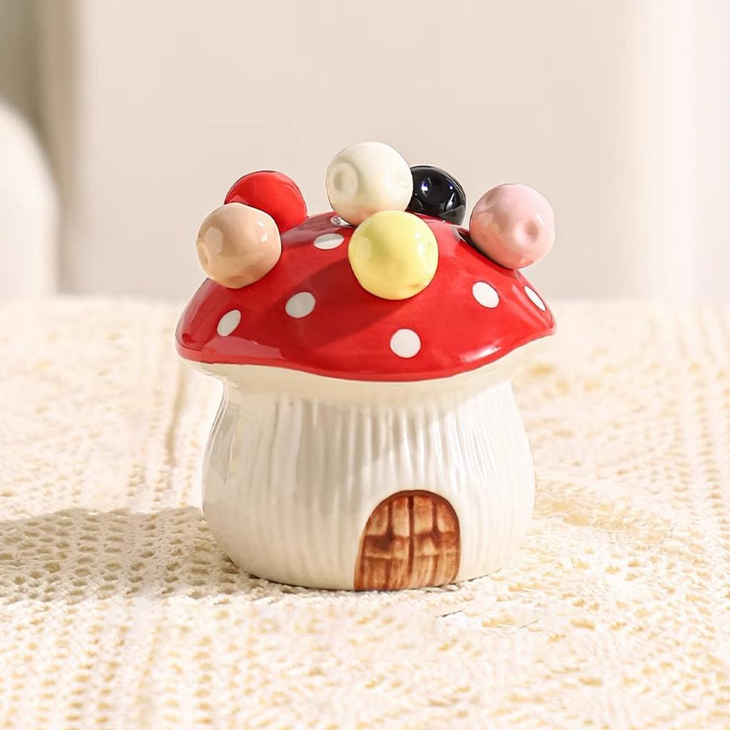 Cute Mushroom Fruit Fork Set Dessert Cake Stainless Steel Small Fork Storage Can Fruit Fork Home Decoration Kitchen Accessories