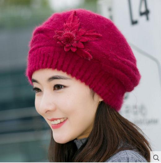 Hut Damen Winter Blume Kaninchenfellhut verdickter Baskenmütze warmer gestrickter Wollhut Herbst und Winter Mutterhut