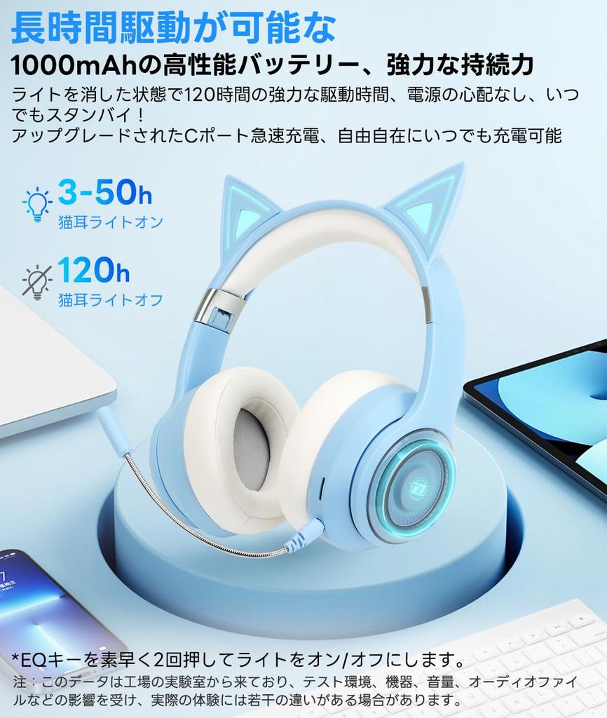 Absdefen 5.3 Katzenohren-Kopfhörer, Kabellose Bügel-Bluetooth-Kopfhörer mit LED, ENC-Geräuschunterdrückung, HIFI RGB-Beleuchtung, IPX5, 40mm3,5mm Audio