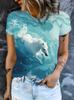 Women's oil painting style dreamy blues water scene white horse print short-sleeved T-shirt