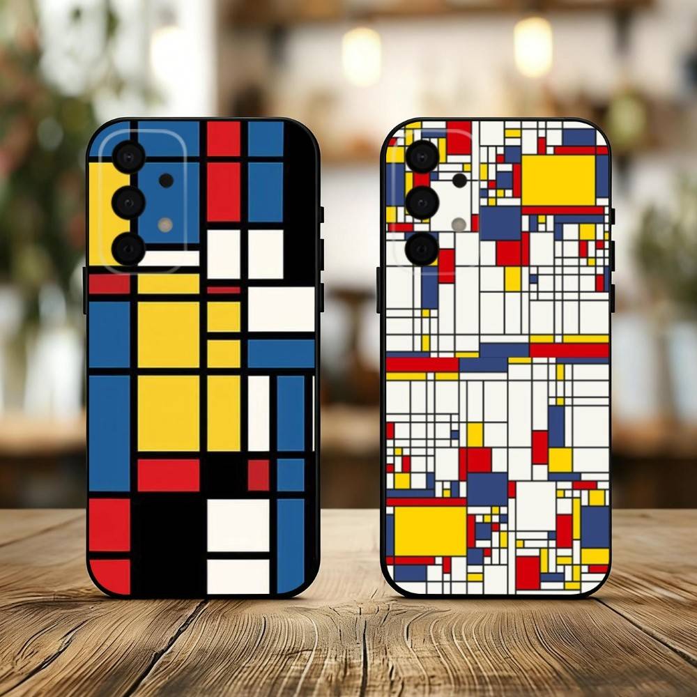 Grid T-TOPLBPCS M-Mondrian Phone Case For Samsung Galaxy A73,A72,A71,A70,A53,A52,A51,Soft Silicone Black Cover
