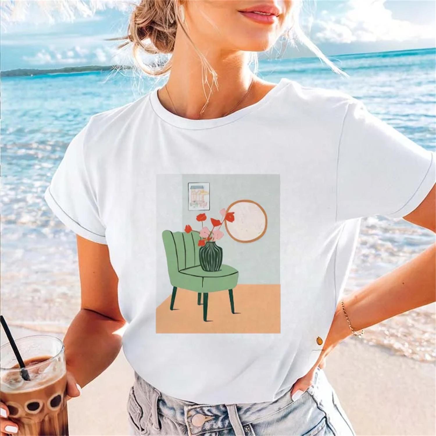 Art Cartoon Printed Watercolor Pattern Summer Round Neck 90s Women s New T-Shirt Regular Versatile Basic Casual Style T-Shirt S