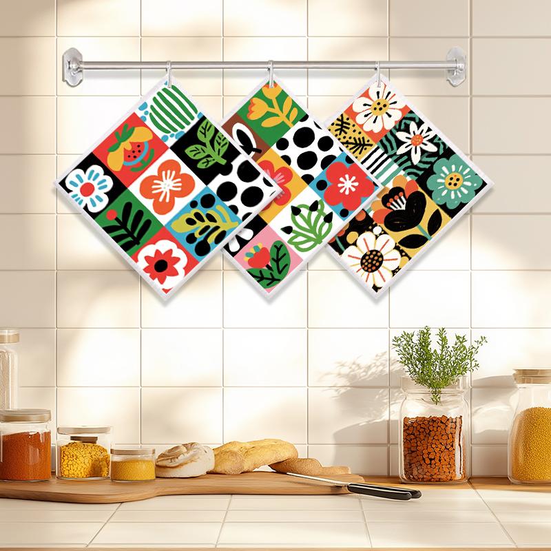 6PCS Cleaning Dishcloths Reusable Kitchen Dish Towels Retro Memphis Style Floral Cloth Absorbent Lint Free Dishcloth Washable Duster Rags Tea Towels