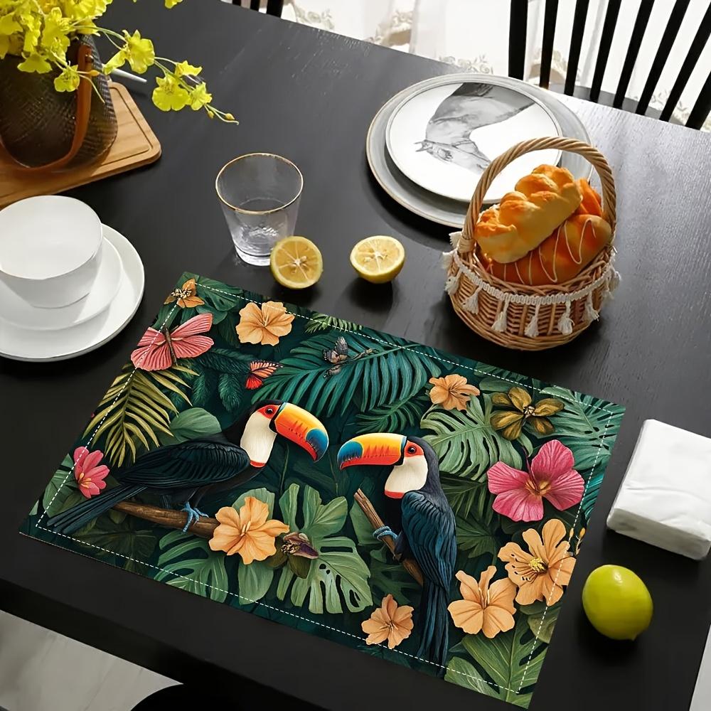 4pcs, Tropical Placemats Set Of 4 Toucan Bird Hibiscus Flower Print Washable Table Mats For Dining Kitchen Decor