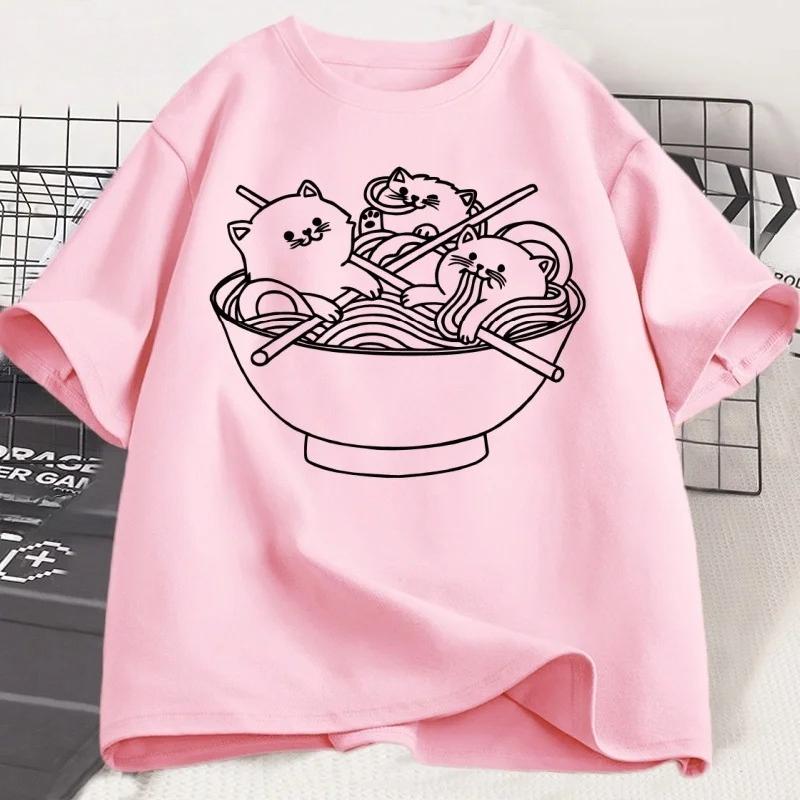 Camiseta Gato Estilo Japonês Ramen Algodão Manga Curta Kawaii Anime Camiseta Ramen Gatinho Camisetas Gráficas Camiseta Bonita de Comida Roupas