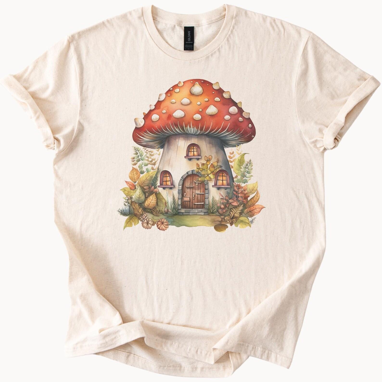 Whimsical Mushroom House Graphic Tee Cute Cottagecore Fairycore T Shirt Nature Forest Fantasy Toadstool Art Shirt Fall Aesthetic 160