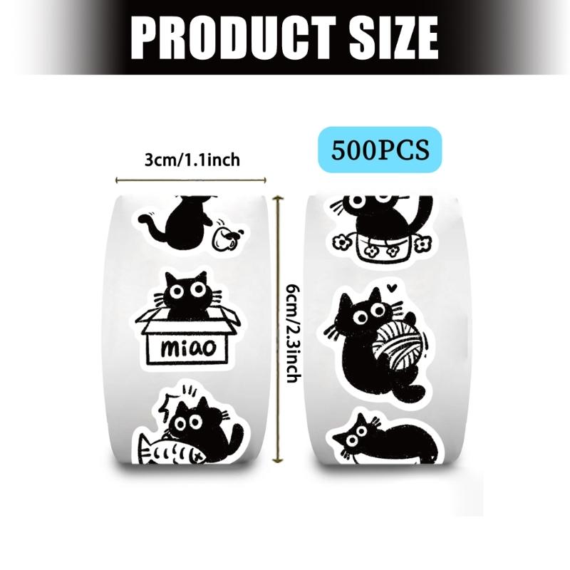 Pack of 500 Cartoon Black Cats Adhesive Sticker with Strong Stickiness for Stationery Crafts and Sealing Applications