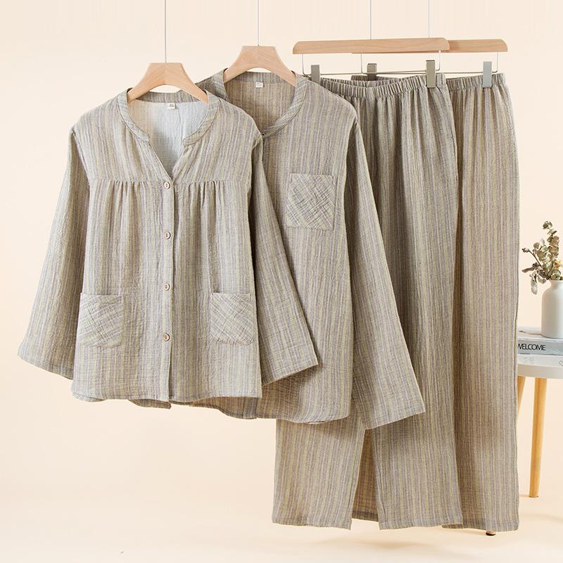 10 pure cotton double-layer gauze pleated texture couple long-sleeved pajamas loungewear plain and elegant leisurely set