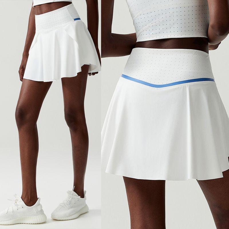 

High Waist Mesh Breathable Sports Short dress Outer Wear Running Tennis Skirt Anti-exposure Pocket Lining Fitness Tennis Skirt Women Blue and White L