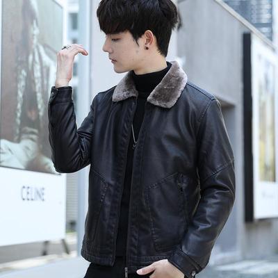 Spring New Men's Leather Jacket Plus Velvet Thickening Korean Style Slim and Handsome Green Leather Jacket PU Fur Collar Jacket