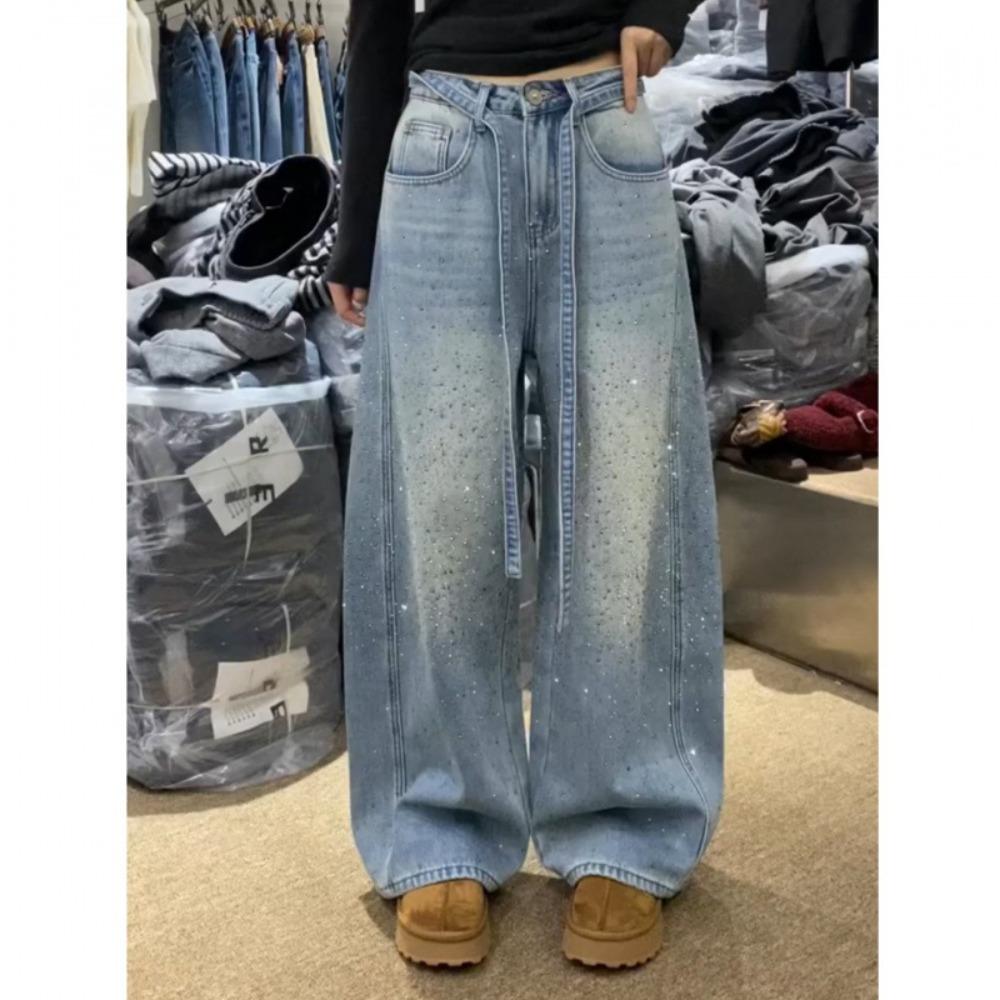 Women s High Waist Wide Leg Jeans Loose Fit Rhinestone Baggy Pants Spring Korean Streetwear Denim Trousers XS