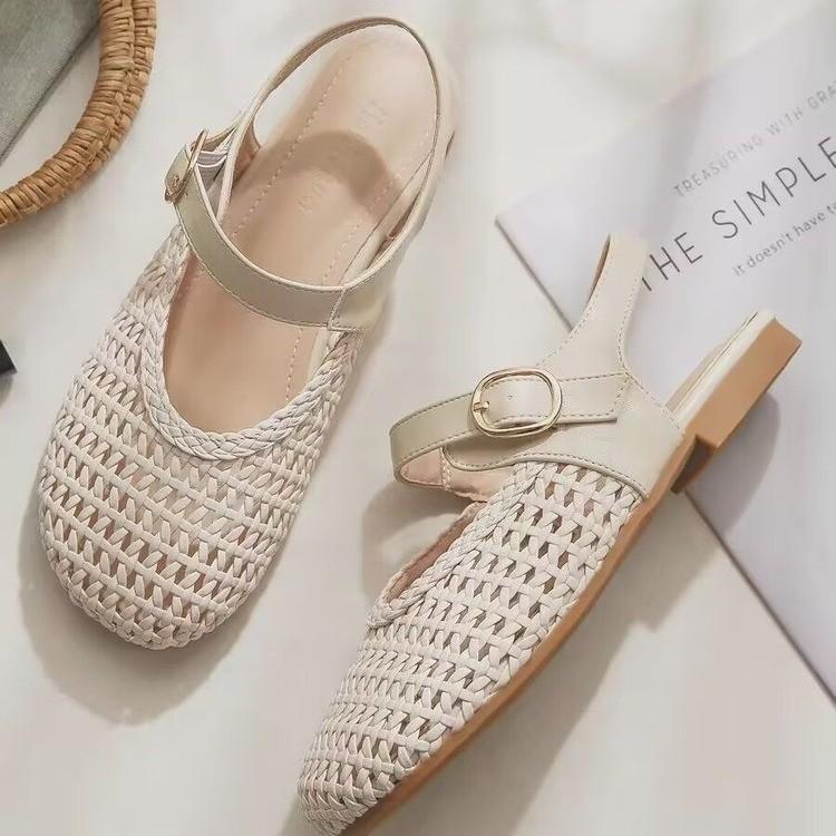Mary Jane Women'S Shoes Summer New Hollow Woven Breathable Flat Bottom With Skirt Bag Head Sandals Single Shoes Women