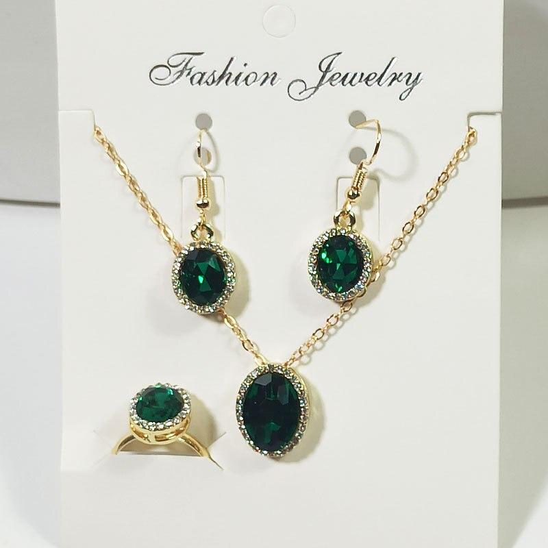 4pc Crystal Set Jewelry Women Fashion Trend Jewelry Geometric Oval Crystal Necklace Earrings Ring Three Pieces Set