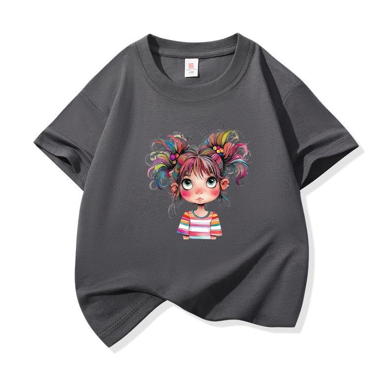 Kids Cotton T Shirt Bright Rainbow Hair Girl Watercolor Print Crew Neck Short Sleeve Tee Casual Boys Girls Summer Tops