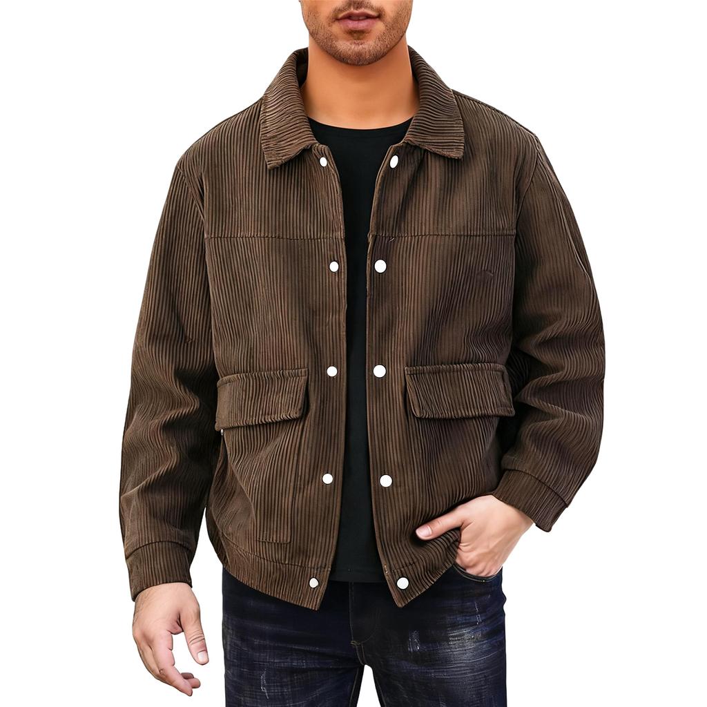 Corduroy Jacket Men Winter Button Down Shirt Jackets Long Sleeve Retro Outwear Casual Ribbed Work Coat With Pockets