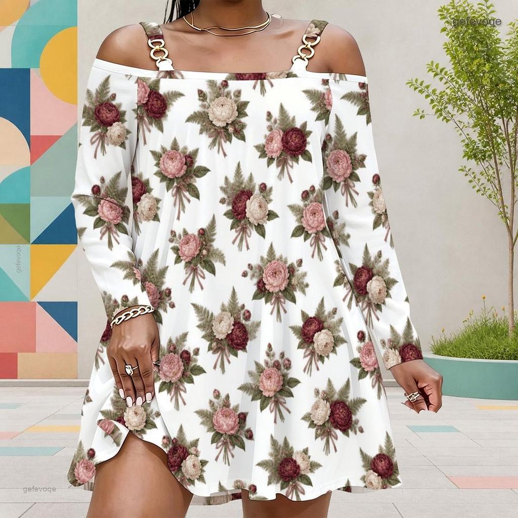Women Plus Size White Floral Printed Cold Shoulder Long Sleeve Dress