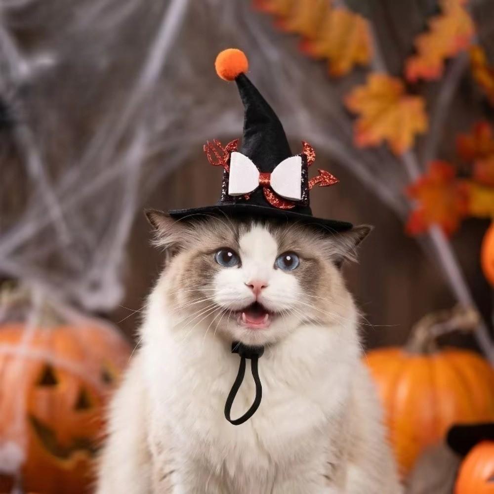 Pointed Brim Cat Witch Costume Cap Adjustable Strap Skeleton Spider Pet Hat Holiday Decoration