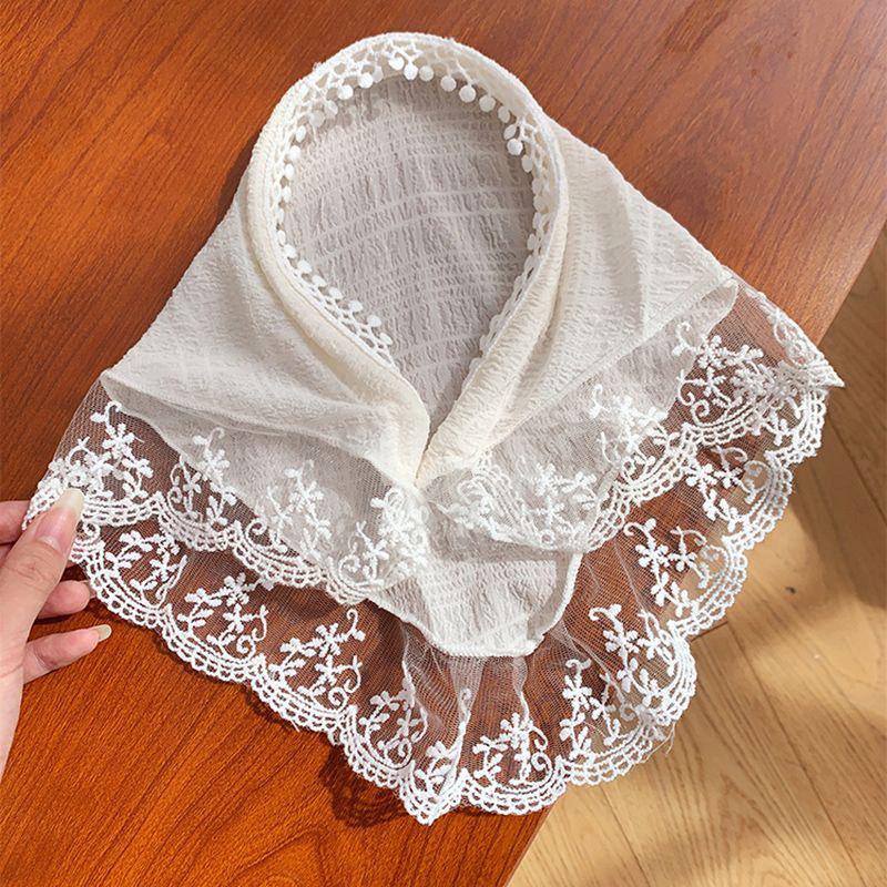 French Blue Plaid Lace Triangle Scarf Headband - Pastoral Style Women's Hair Accessory with Seaside Vibe
