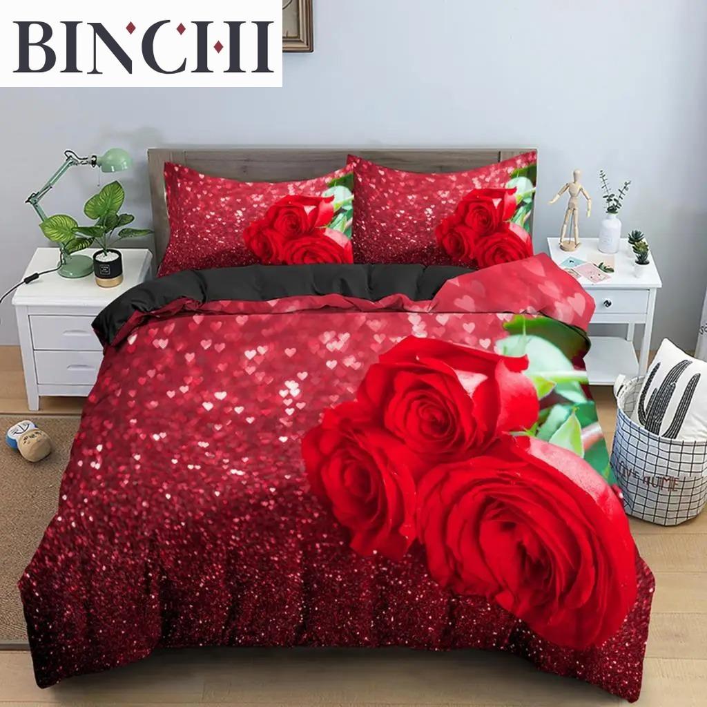 3D Rose Heart Bedding Set Nordic Duvet Cover 150x200 220x240 King Size Quilt Cover Modern Cat Wolf Print Pillowcase