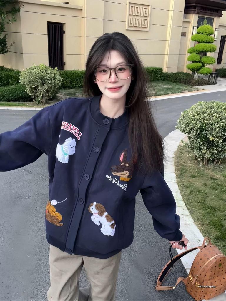Women's Fun Cartoon Embroidery Chenille Cardigan Sweatshirt - Autumn Korean Lazy Style Loose BF Casual Baseball Jacket