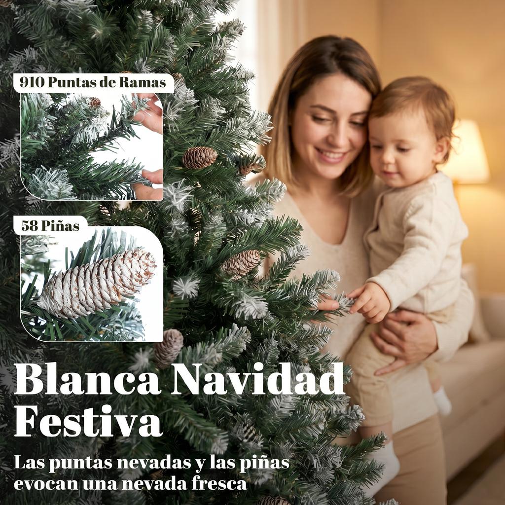 Artificial Christmas Tree 180cm with 910 Branches with Snow, 58 Pine Cones and Foldable Metal Stand, Easy Assembly, Green