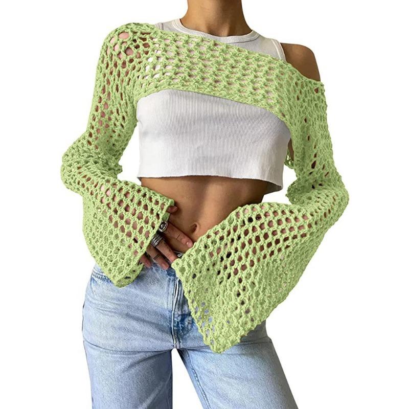 Women's Cover Ups Fall Women's Hand Hook Sweater Casual Ultra Short Flared Sleeve Sexy Mesh Cover Up